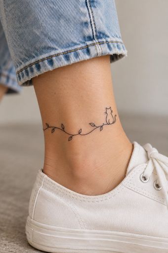 Delicate vine tattoo with a tiny cat wrapping an ankle