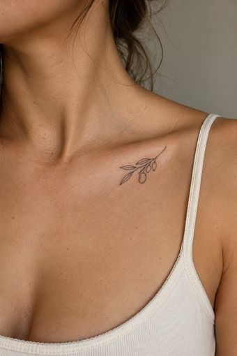 Fine-line olive sprig tattoo on a collarbone