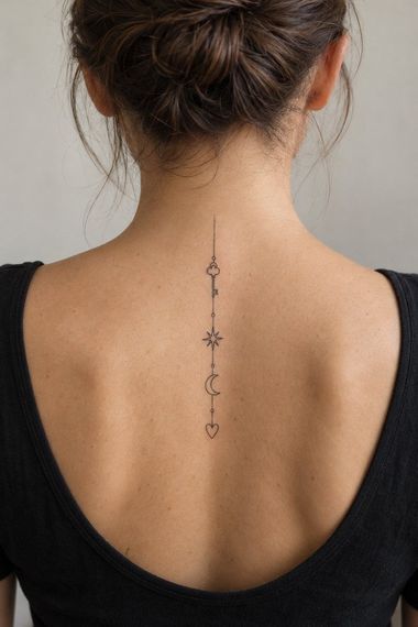 Charm-string tattoo with a key, star, moon and heart along the spine