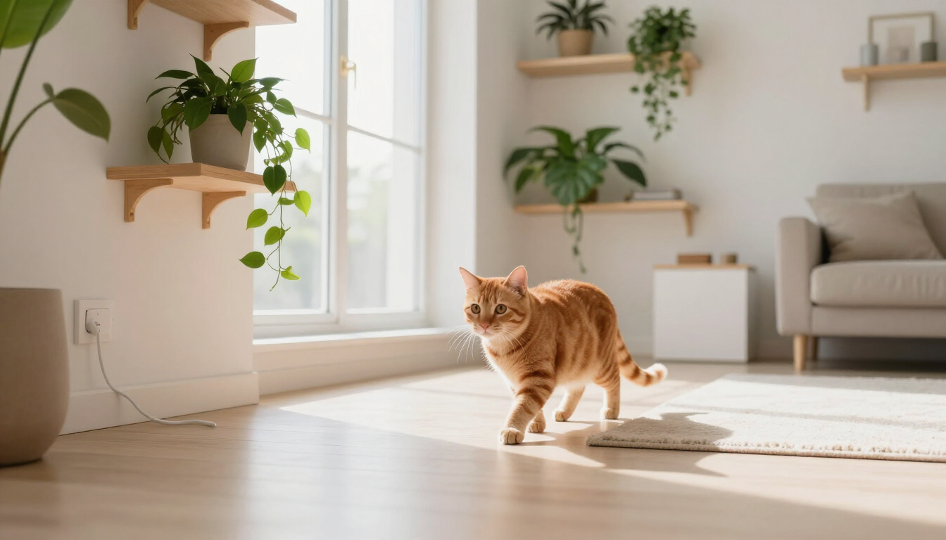 A cat exploring a safely set up living room