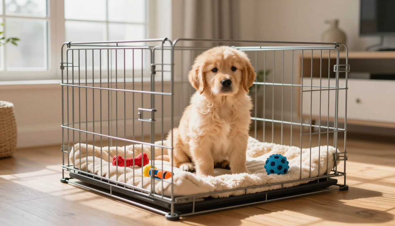 A dog resting comfortably inside an open crate