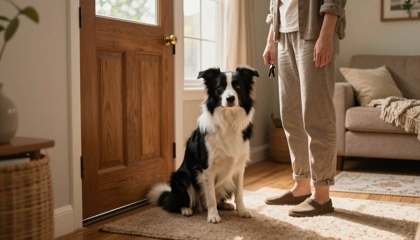 A dog resting calmly by the door with a favorite toy