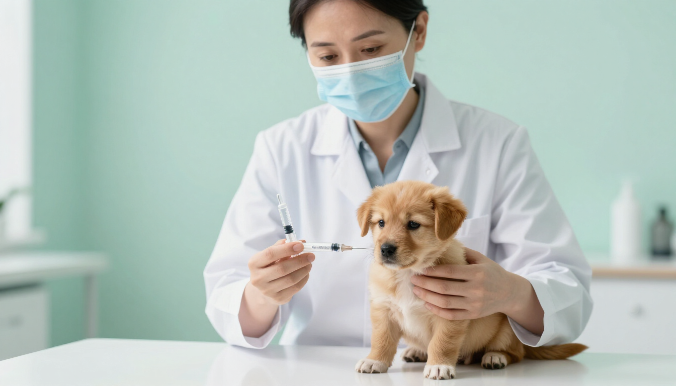 A veterinarian giving a puppy a vaccination