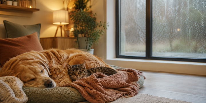 A happy dog and cat resting together at Happy Tails