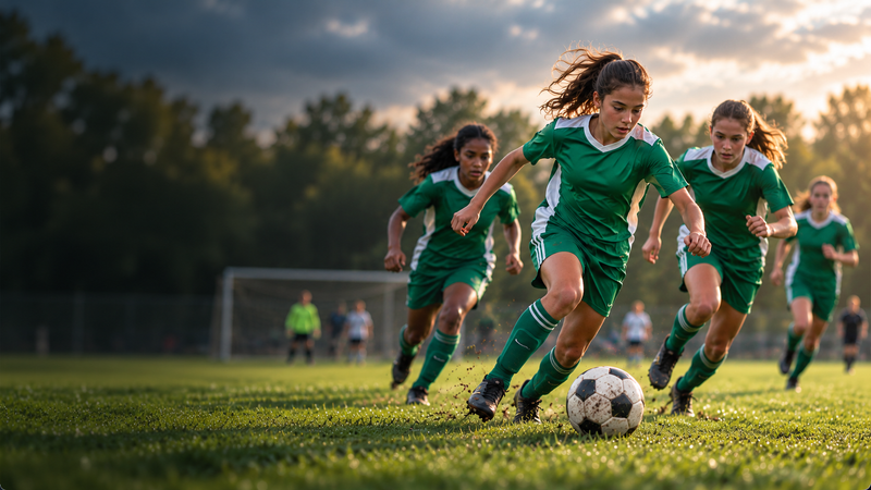 A Rovers girl dribbles the ball at golden hour with teammates chasing