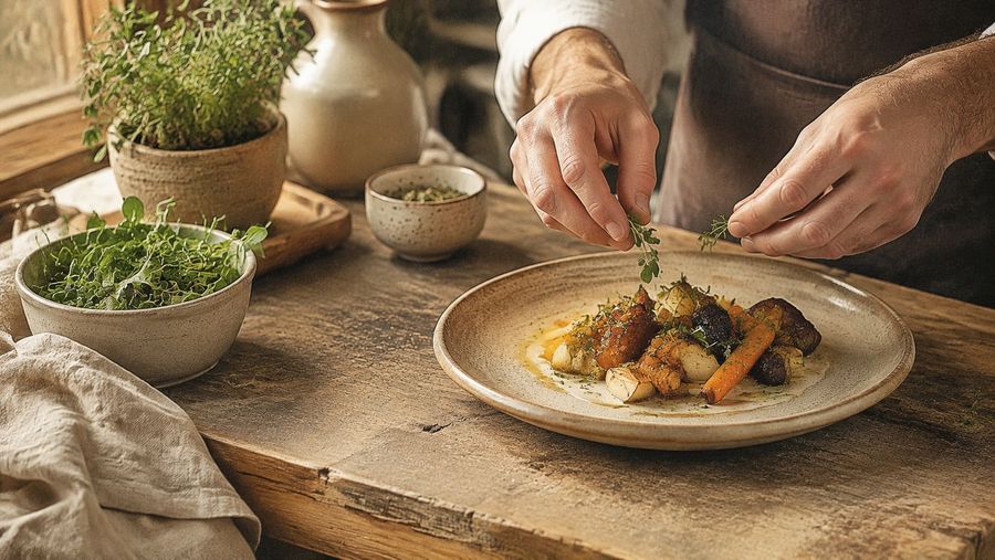 A chef plating a finished dish