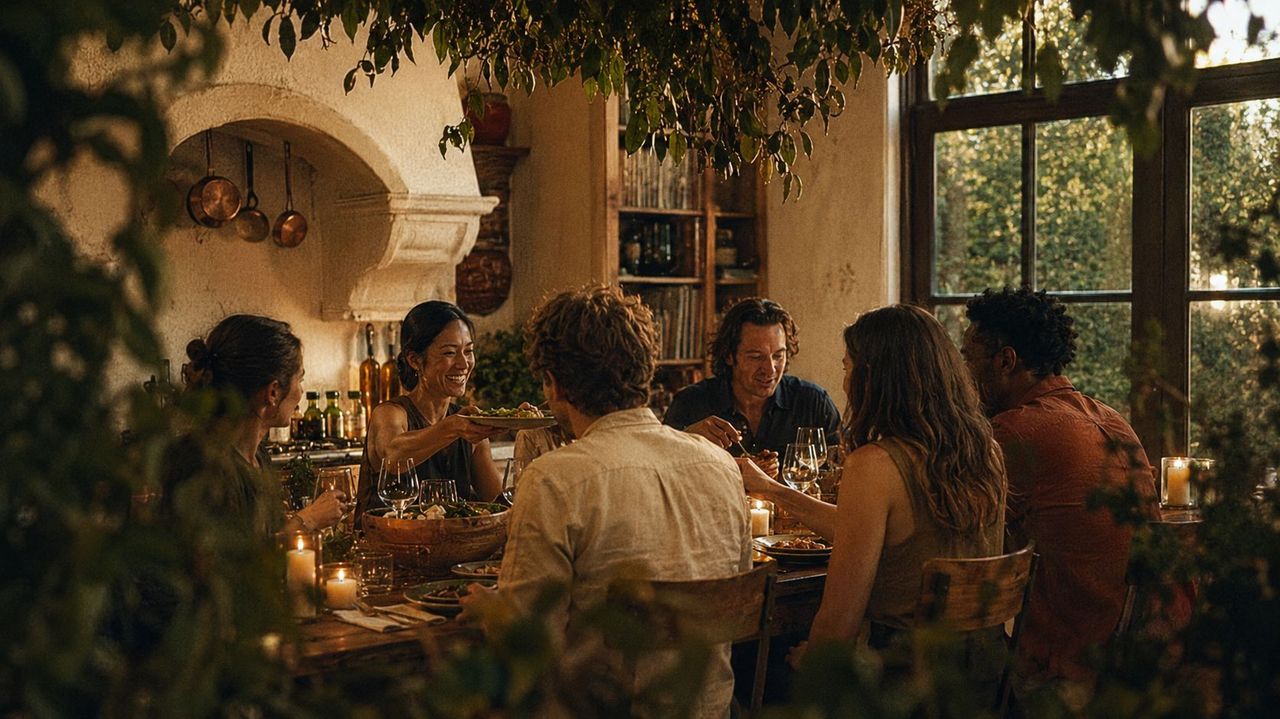 A candlelit dinner gathering set for a private evening at The Garden