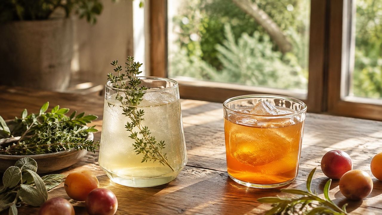Garden cocktails garnished with fresh herbs