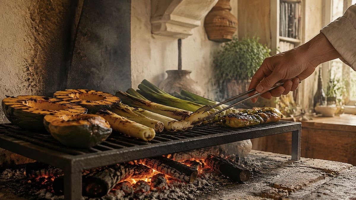 Seasonal vegetables grilling over an open fire in The Garden's kitchen