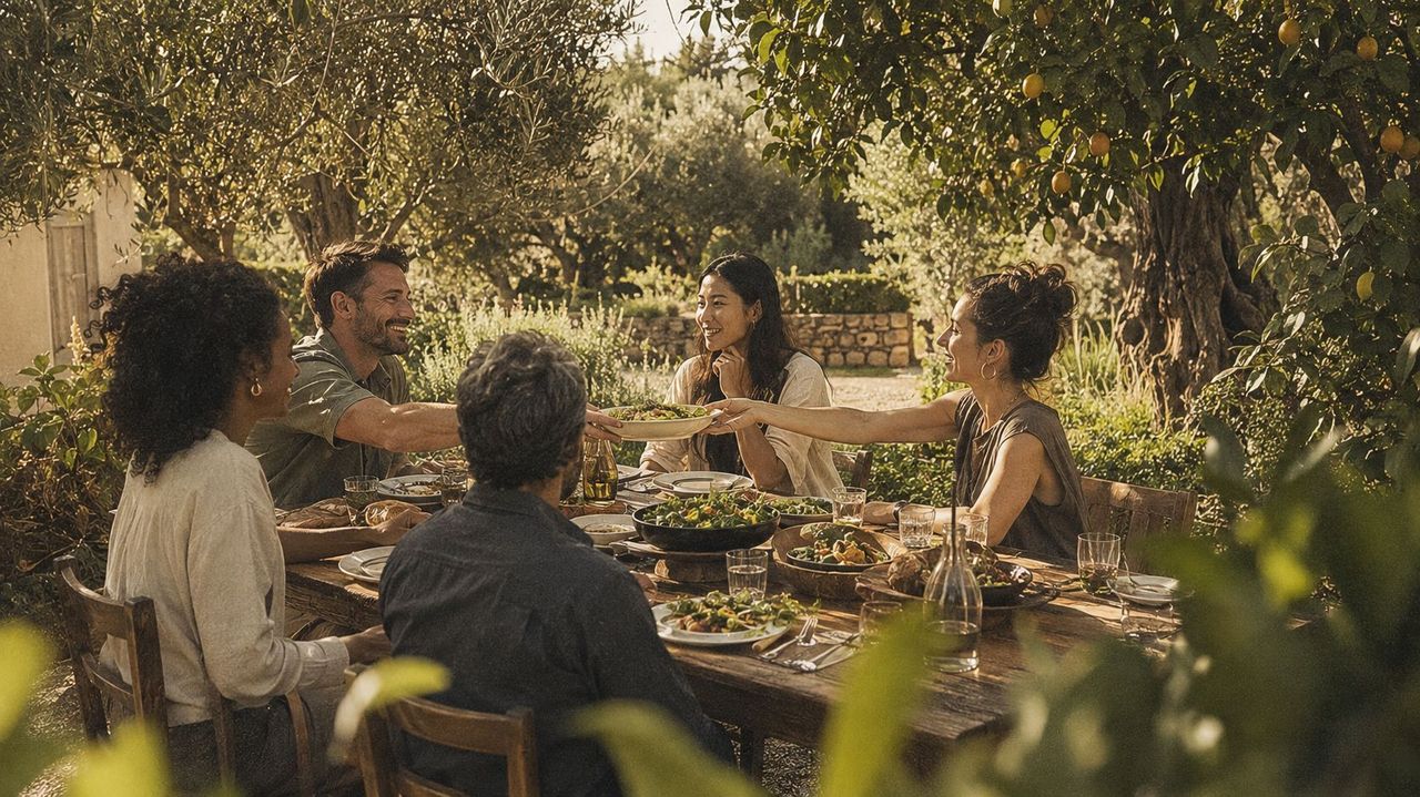 An outdoor dining table set among the garden at dusk