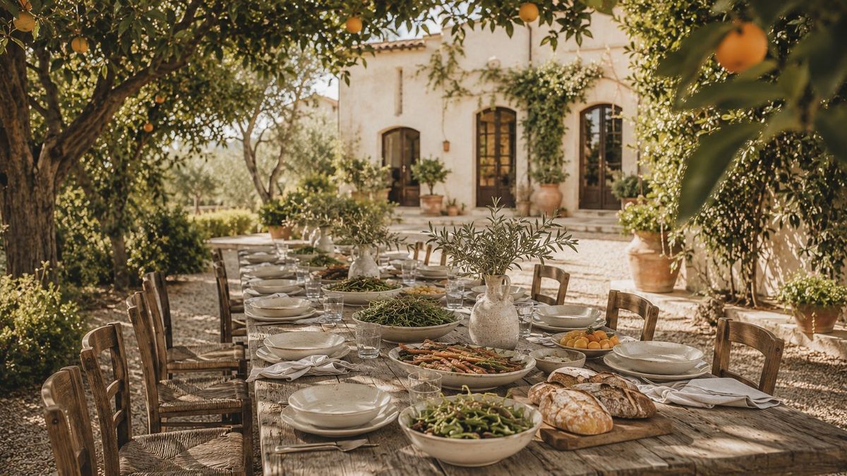 An outdoor dining table set among the garden at dusk