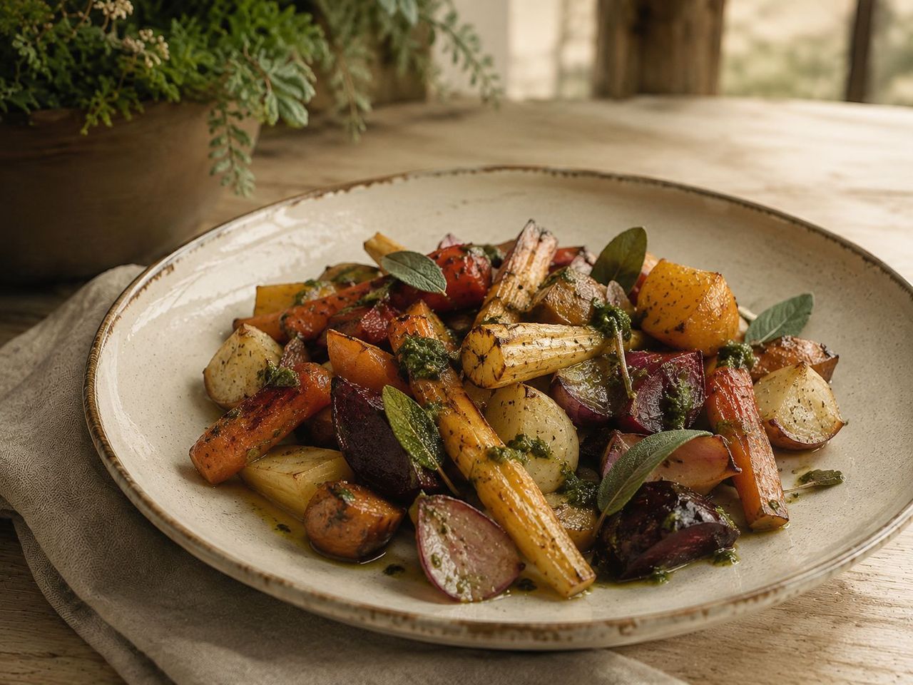 Root Vegetable Medley with Herb Oil