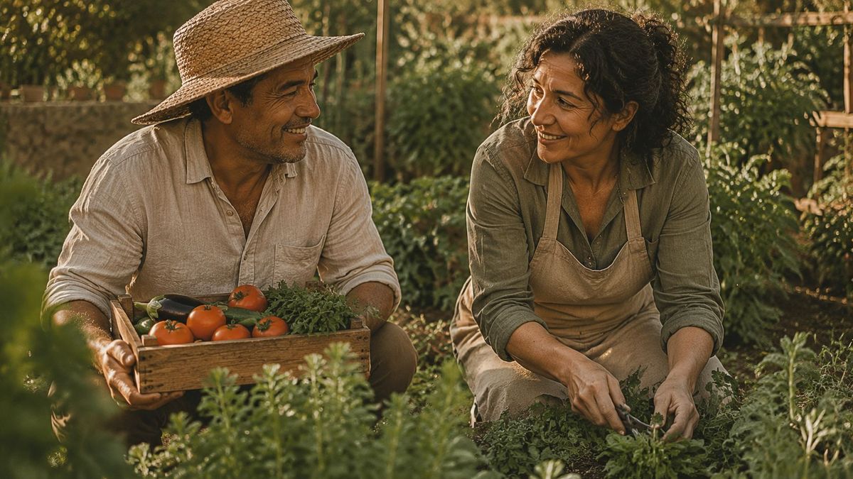 The owners of The Garden kneeling among vegetable beds beside a crate of freshly picked tomatoes