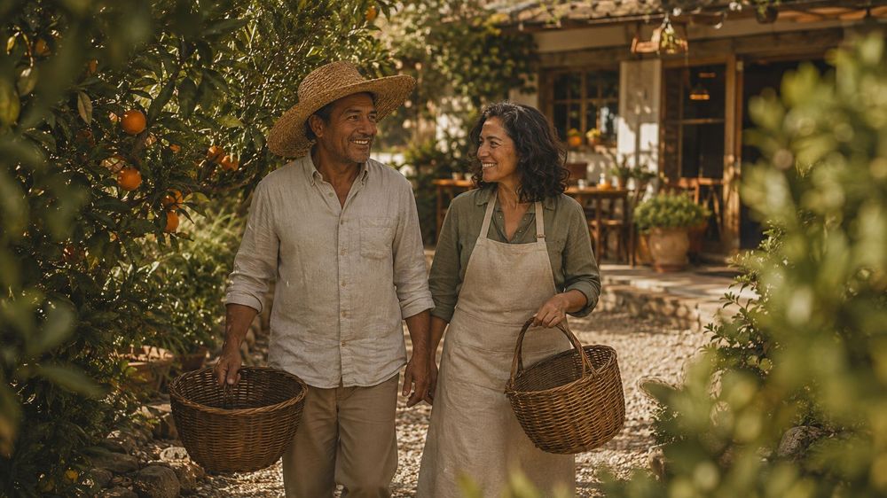 The two owners of The Garden walking a path lined with orange trees, carrying harvest baskets