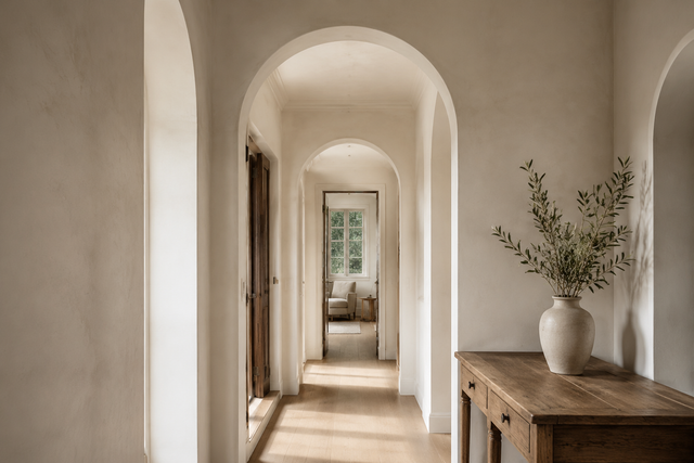 Arched white hallway by Coat