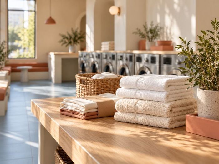 Folded towels stacked on the wash and fold counter