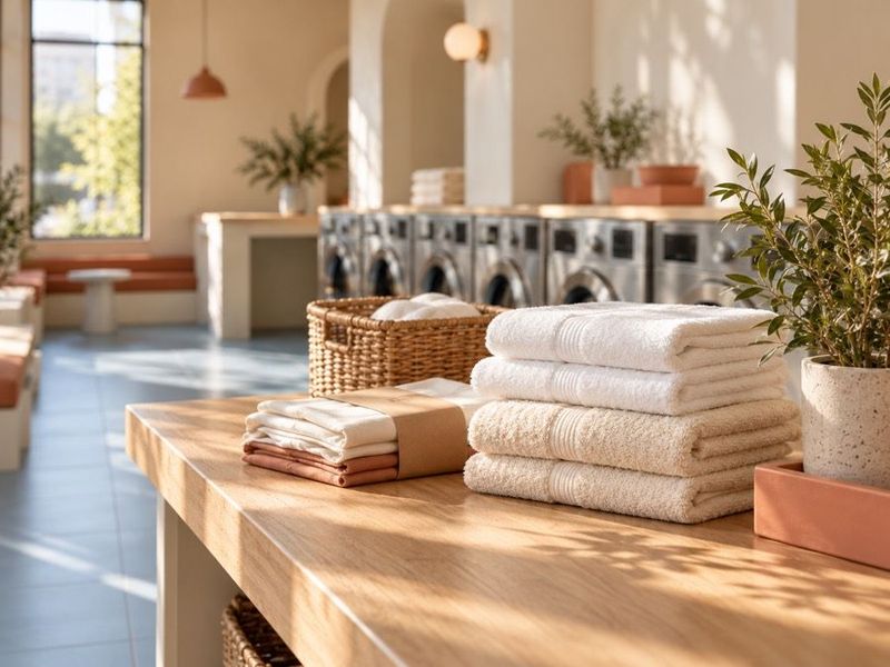 Folded towels stacked on the wash and fold counter, with washing machines in the background