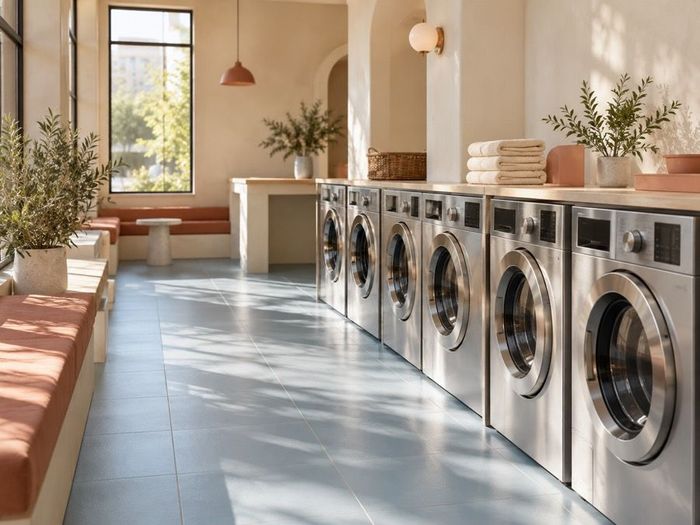 Rows of washing machines along a bright wall with a light blue tiled floor