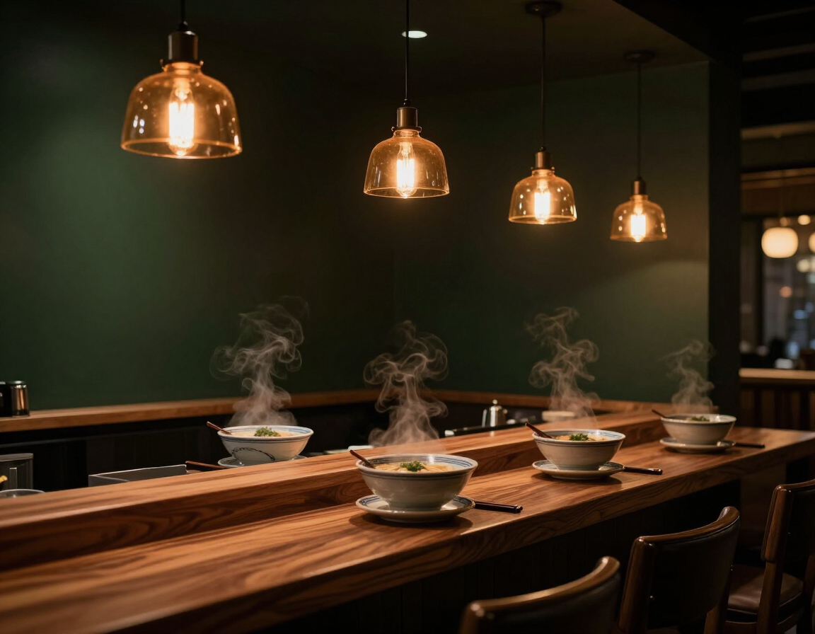 Restaurant counter with pendant lighting