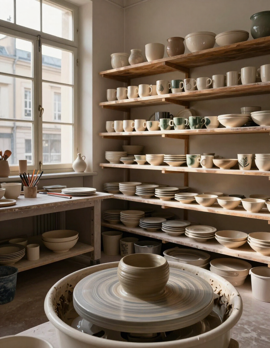 The Formé workshop in Lyon, with a potter's wheel and shelves of hand-painted ceramics