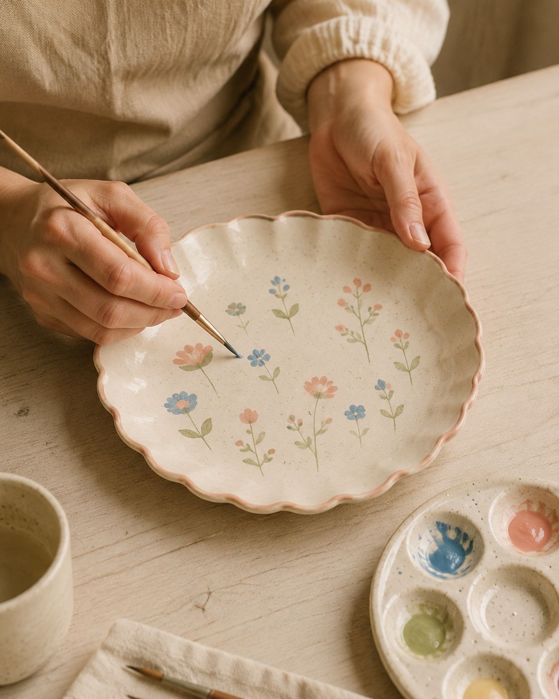 A maker hand-painting underglaze botanical motifs onto a ceramic plate