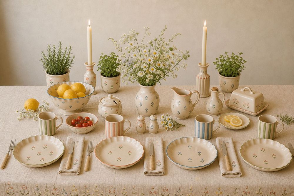 Styled table set with Formé ceramics, plates, cups and bowls