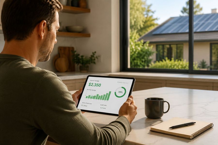 Homeowner reviewing solar production data on a tablet