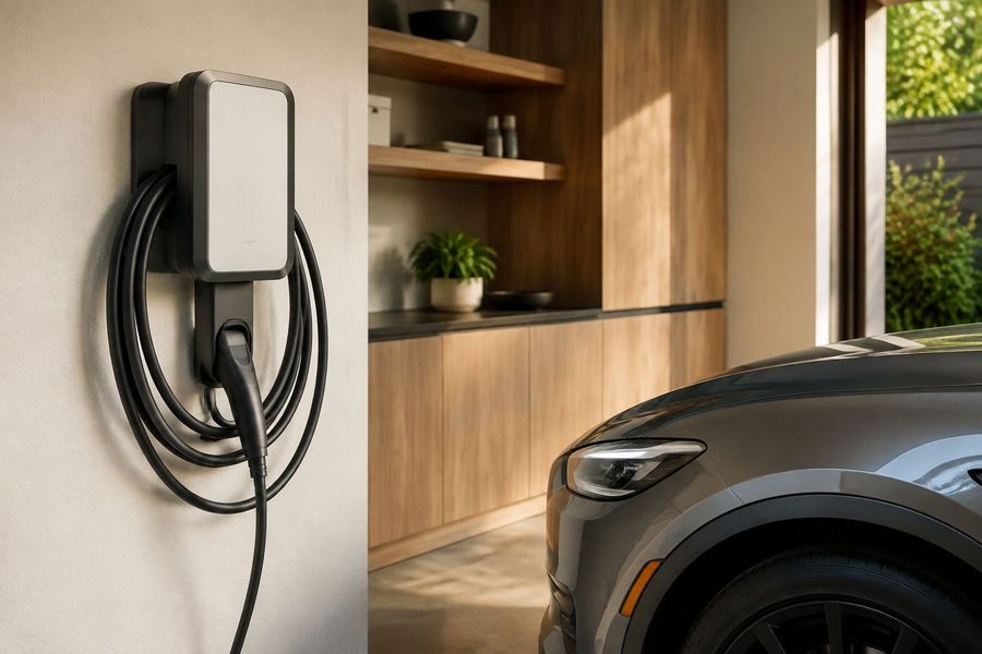 Electric vehicle charger mounted on a garage wall beside a parked car