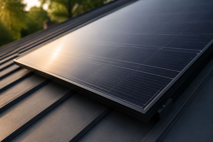 Close-up of a solar panel absorbing sunlight