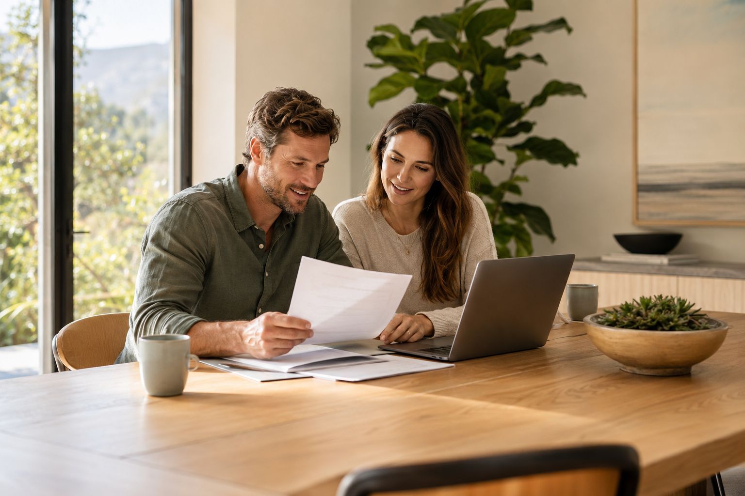 Homeowners reviewing solar financing paperwork at their kitchen table
