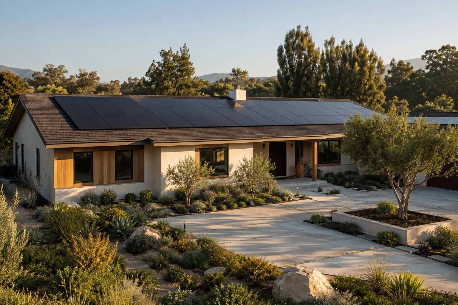 Black solar panels installed flush on a residential rooftop in California