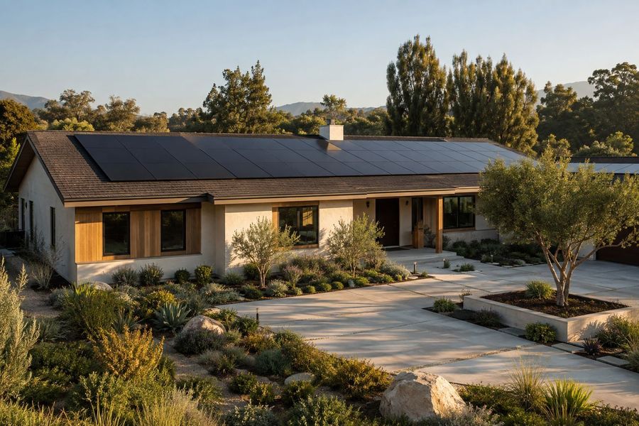 Black solar panels installed flush on a residential rooftop in California