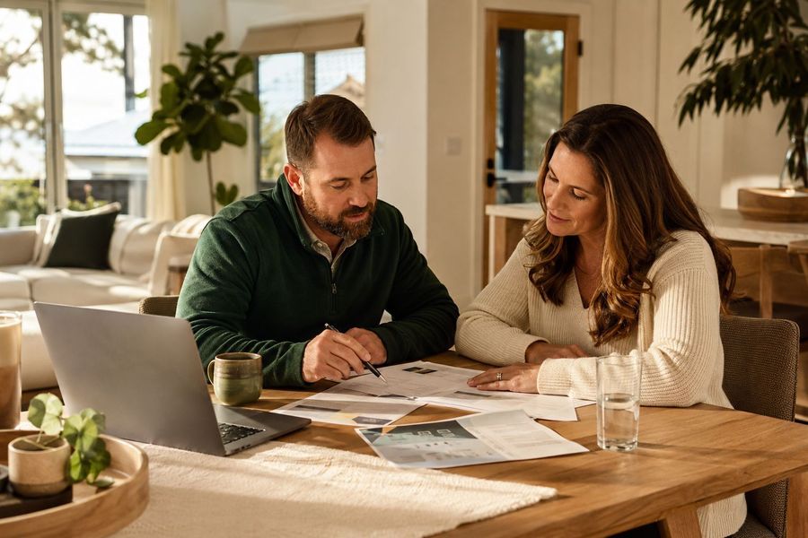 Couple reviewing solar system plans with a consultant