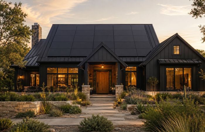 Dark farmhouse with an all-black solar array at dusk in Boulder, Colorado