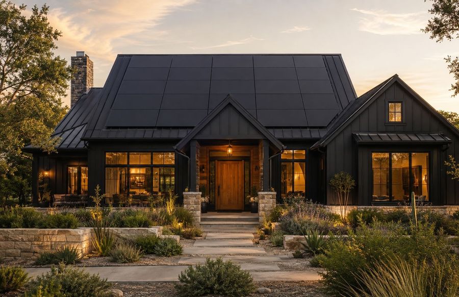 Dark farmhouse with an all-black solar array at dusk in Boulder, Colorado