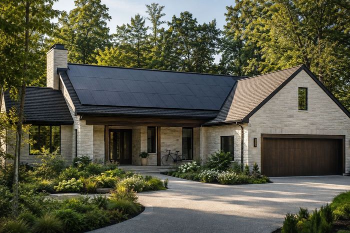 Stone-facade home with an all-black solar panel array in Sacramento, California