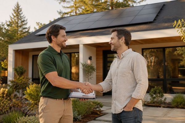 Installer shaking hands with a homeowner after a survey