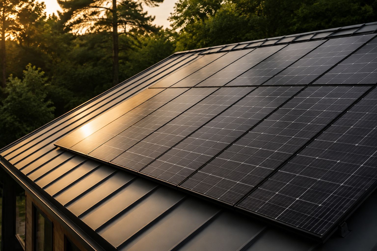 Solar panels on a rooftop lit by a warm sunset