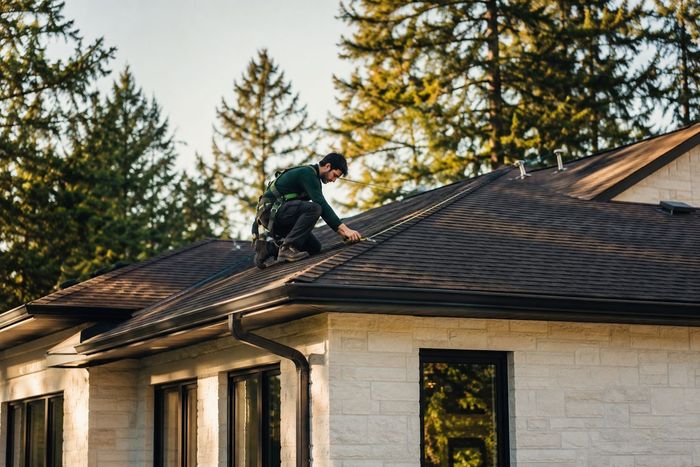 Solar technician surveying a rooftop with a tablet before installation