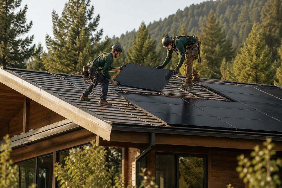 Two Sol & Sun installers fitting a solar panel onto a roof