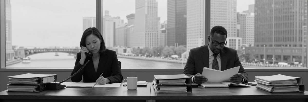 Mei Tally on the phone and Andre Rowe reading a ledger at a long desk by the office windows