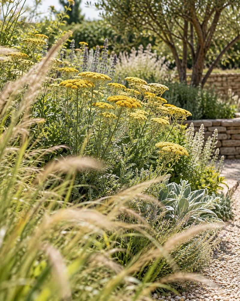 Low garden-level view through soft-focus ornamental grasses towards a drift of yellow achillea, 35mm at knee height, bright midday sun, fresh natural magazine grade.