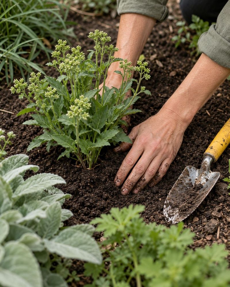 Close overhead of a gardener's hands firming dark soil around a young perennial with a yellow-handled trowel beside, 50mm, bright overcast daylight, warm earth and true greens.