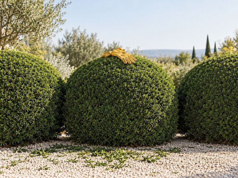 Freshly clipped yew hedge in three soft domes against a pale sky with yellow gardening gloves resting on top, 50mm eye level, clear morning light, crisp and airy.
