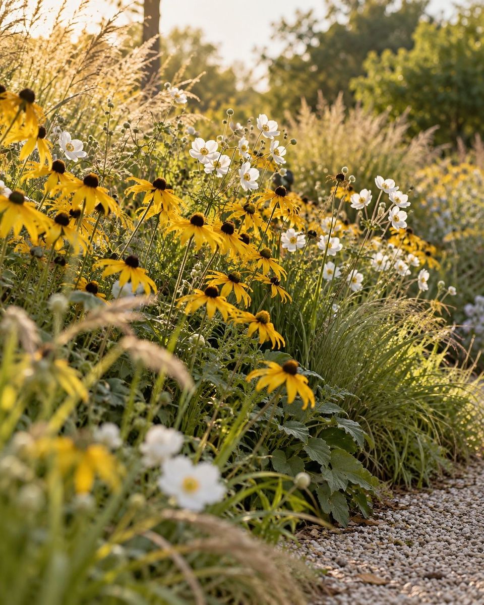 Late-summer perennial border with yellow rudbeckia and white anemones beside a garden path