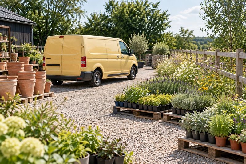 The Potting Yard: a yellow van beside stacked terracotta pots and a meadow strip in morning light