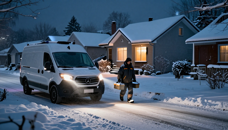 A Tempo service van with headlights on in a snowy street at night