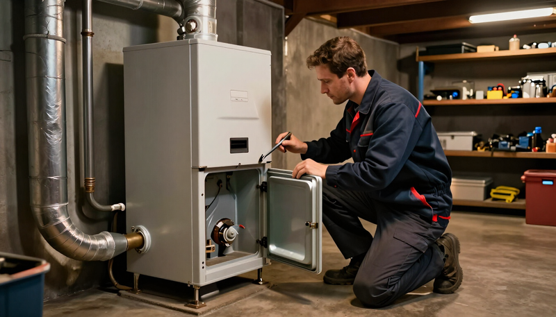 A Tempo technician servicing a gas furnace in a tidy basement
