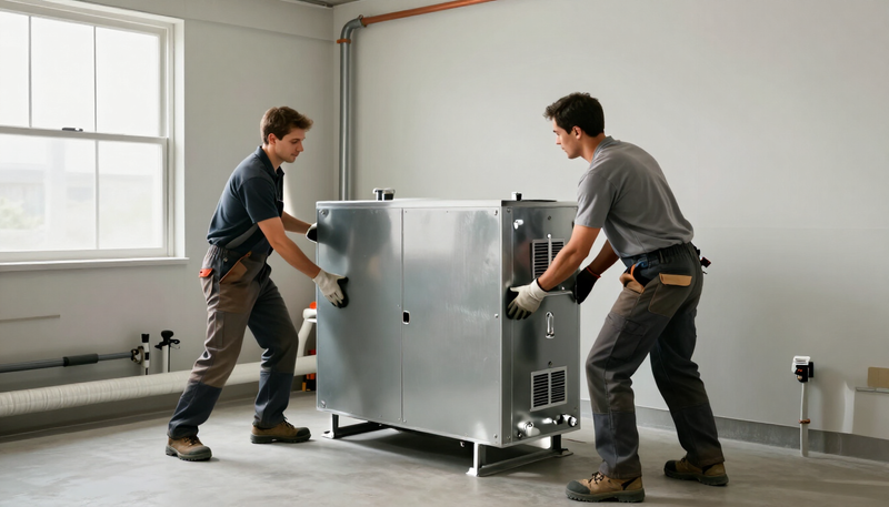 Two installers lifting a new high-efficiency furnace into a clean utility room