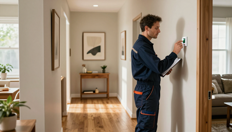 A technician reviewing a maintenance checklist beside a thermostat